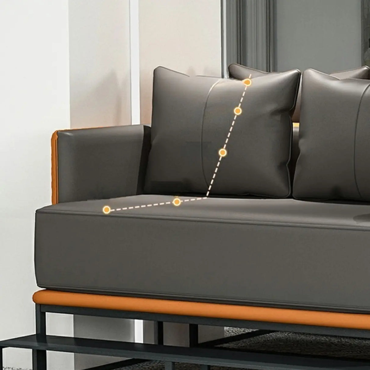 Grey Orange Leather Sewn Pillow Back Loveseat with Arms Image - 10