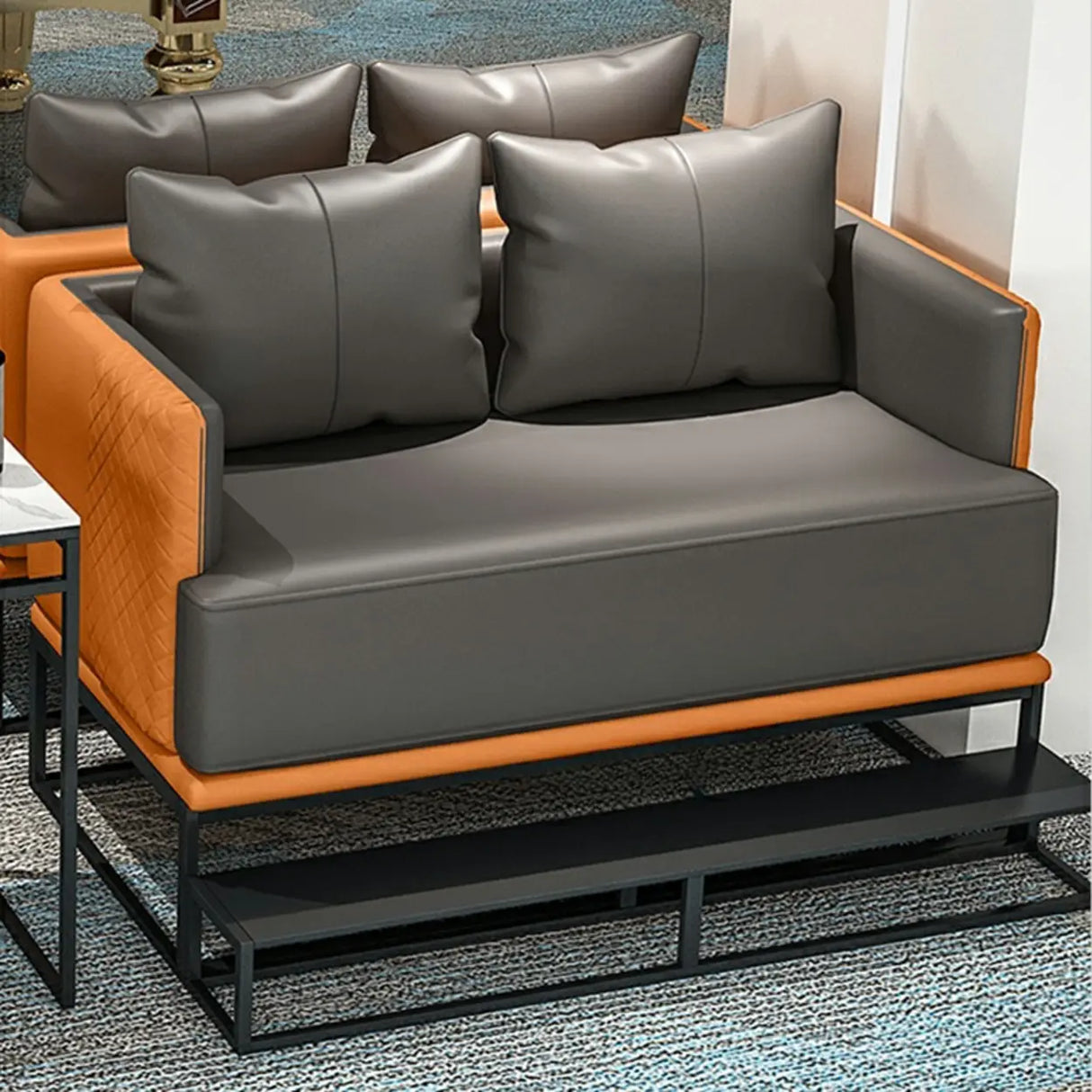 Grey Orange Leather Sewn Pillow Back Loveseat with Arms Image - 13