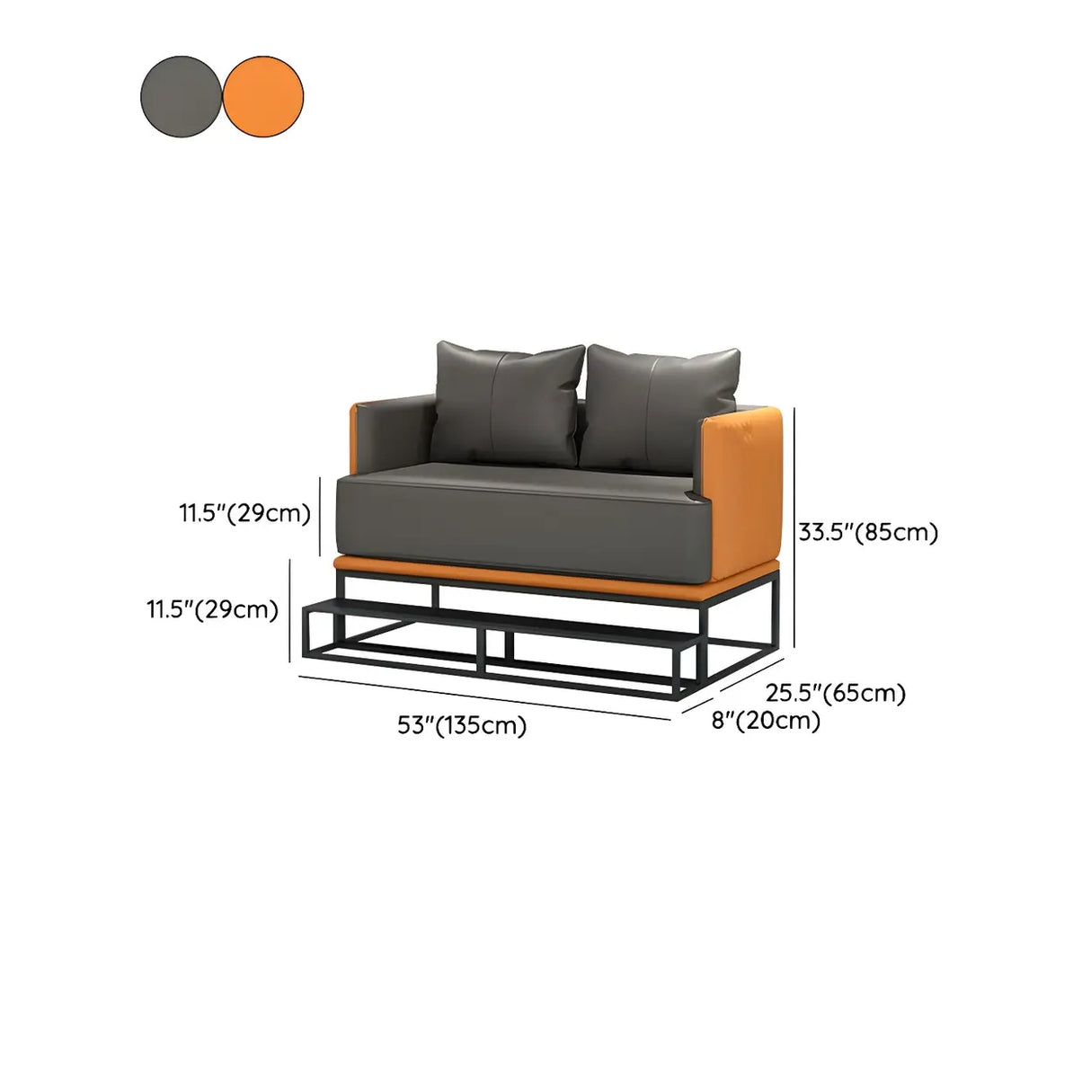 Grey Orange Leather Sewn Pillow Back Loveseat with Arms Image - 15