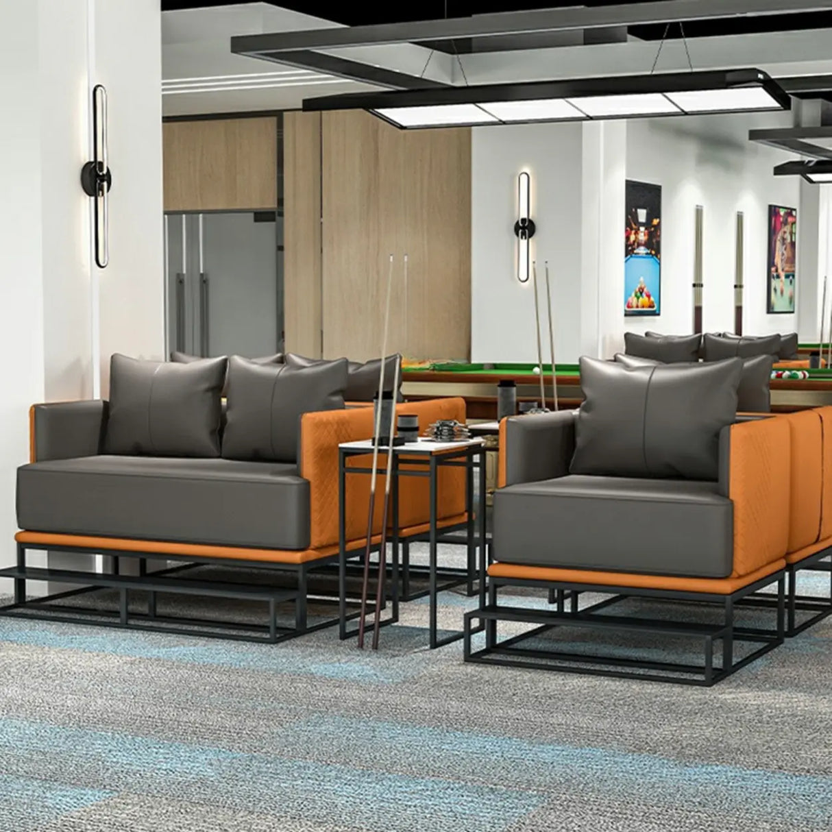 Grey Orange Leather Sewn Pillow Back Loveseat with Arms Image - 1