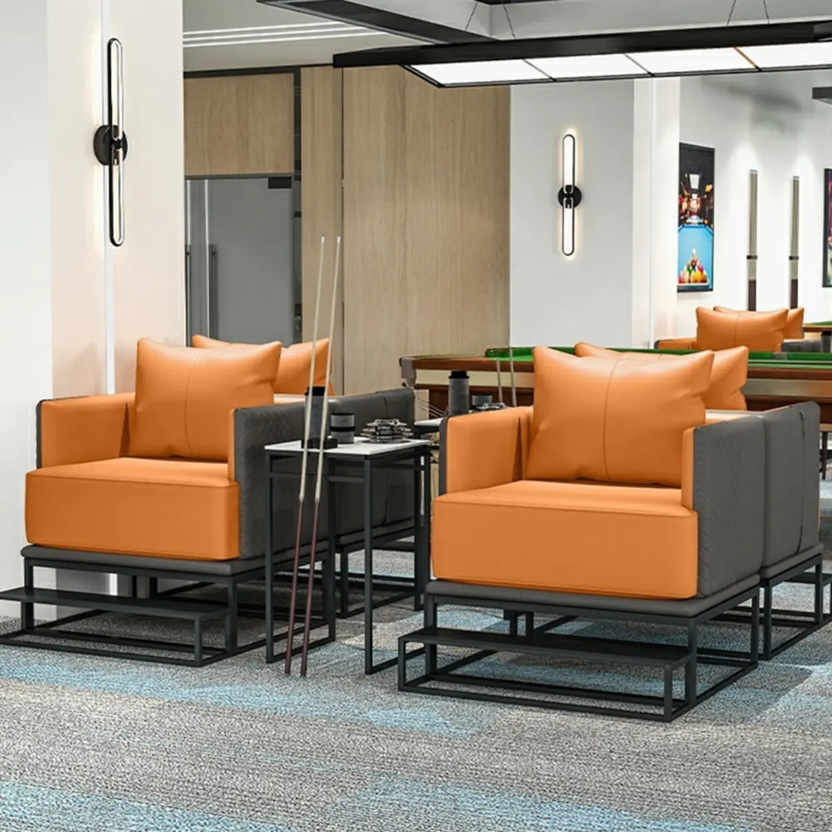 Grey Orange Leather Sewn Pillow Back Loveseat with Arms Image - 4