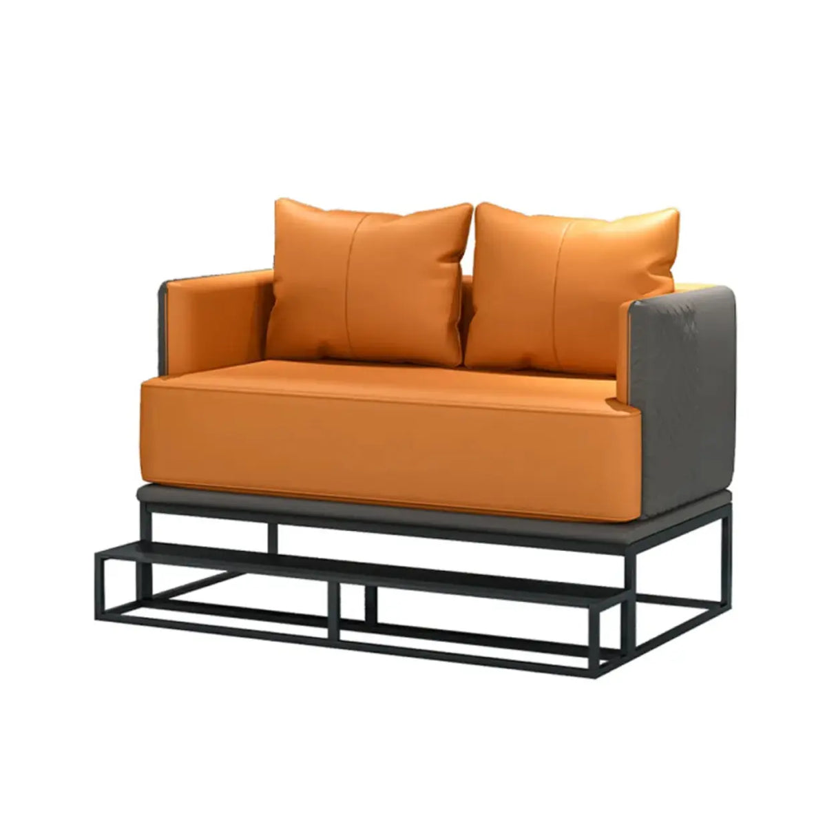 Grey Orange Leather Sewn Pillow Back Loveseat with Arms Image - 5