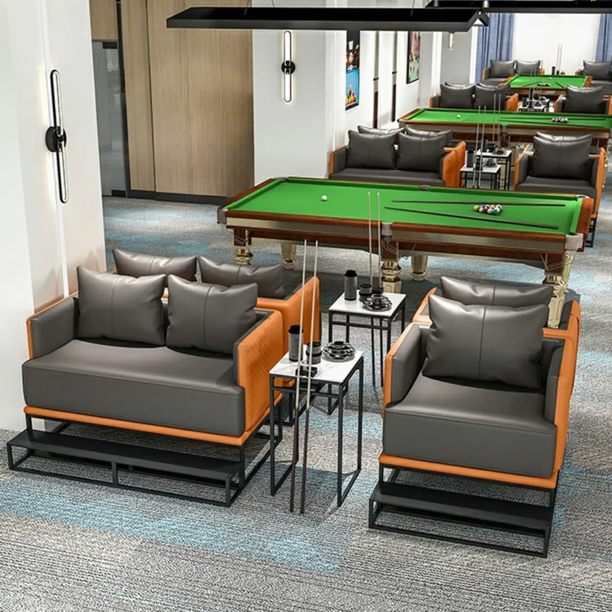 Grey Orange Leather Sewn Pillow Back Loveseat with Arms Image - 6