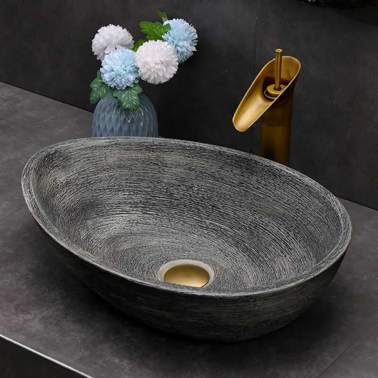 Grey Oval Ceramic Vessel Sinks with Center Trapway Image - 1