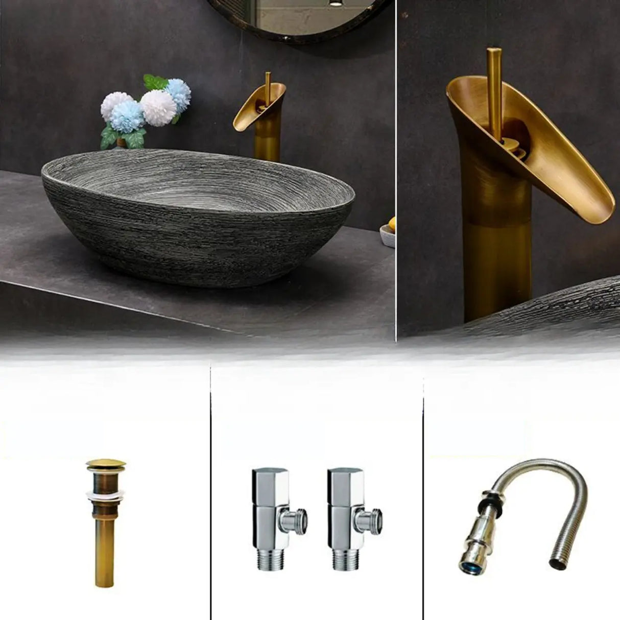 Grey Oval Ceramic Vessel Sinks with Center Trapway Image - 11