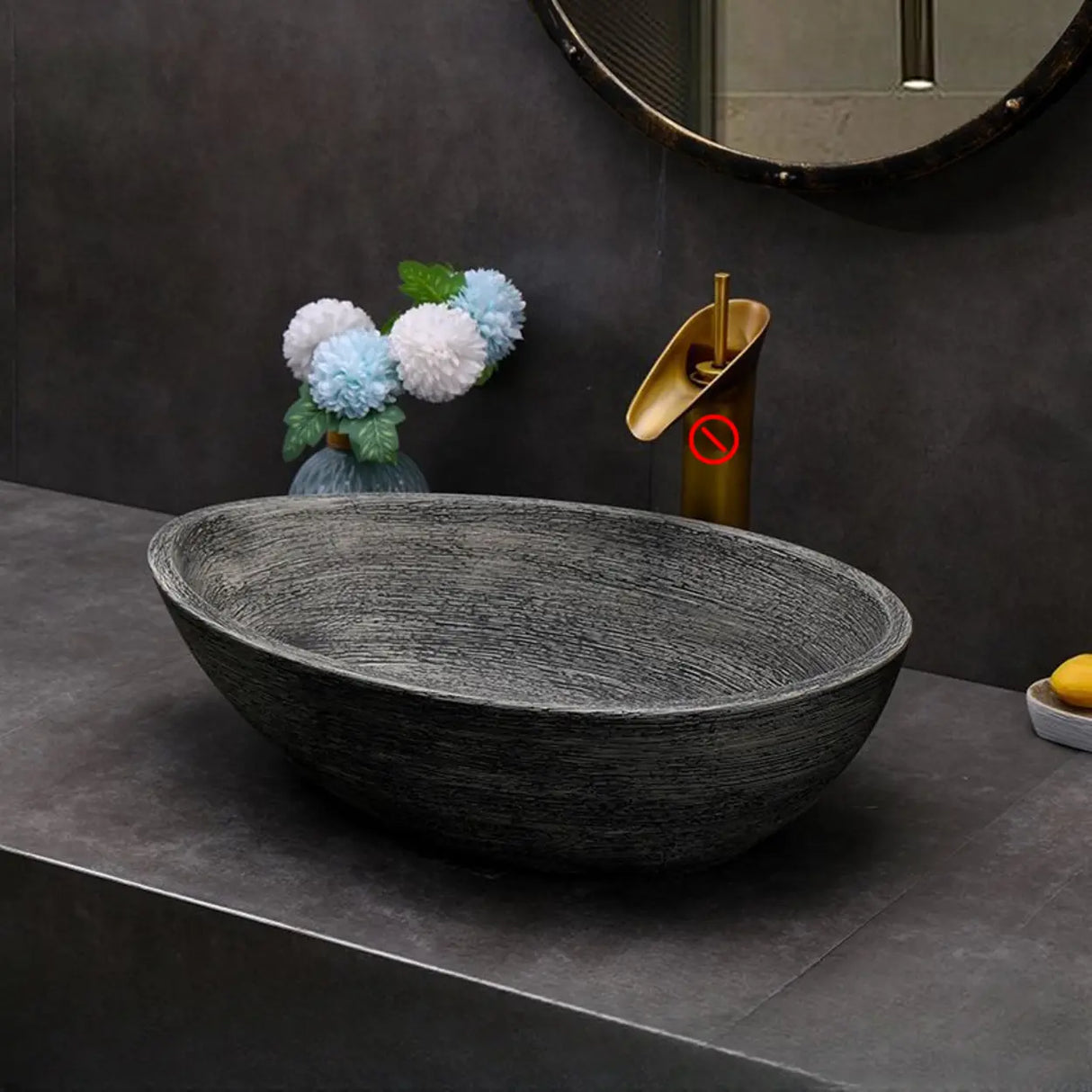 Grey Oval Ceramic Vessel Sinks with Center Trapway Image - 13
