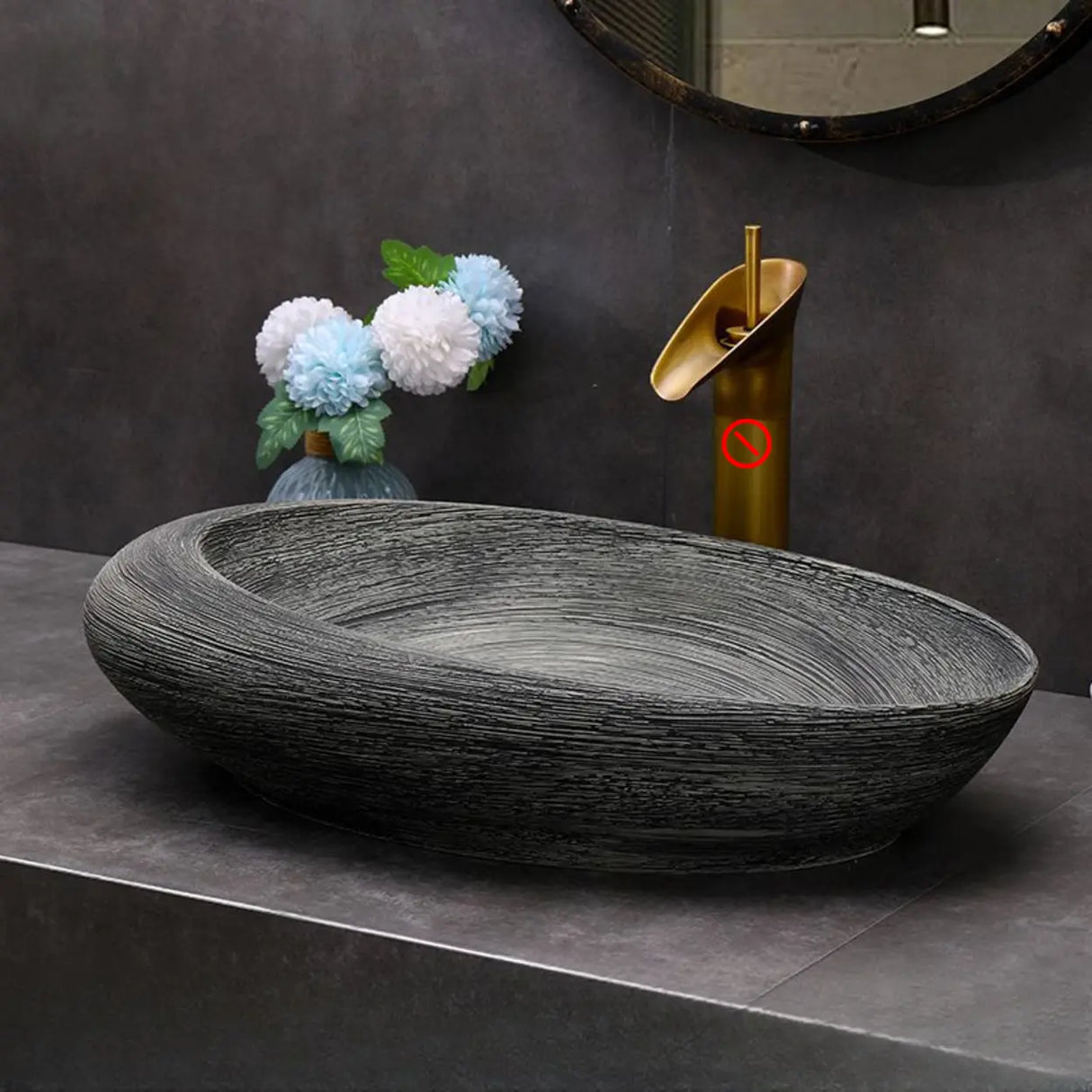 Grey Oval Ceramic Vessel Sinks with Center Trapway Image - 14