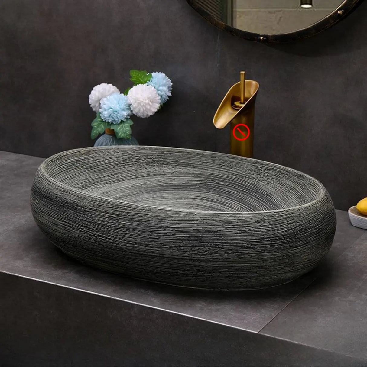 Grey Oval Ceramic Vessel Sinks with Center Trapway Image - 15