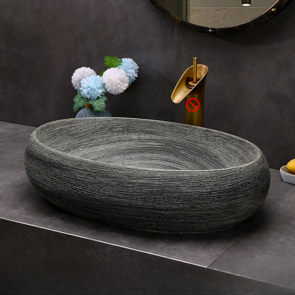 Grey Oval Ceramic Vessel Sinks with Center Trapway Image - 16