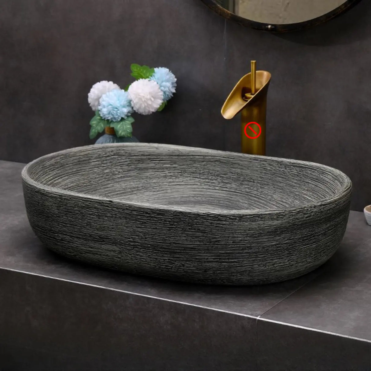 Grey Oval Ceramic Vessel Sinks with Center Trapway Image - 17