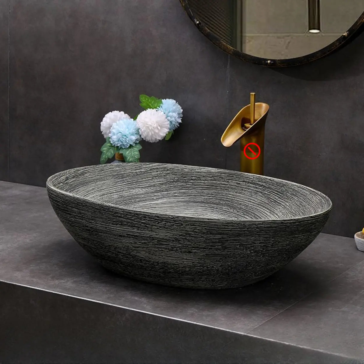 Grey Oval Ceramic Vessel Sinks with Center Trapway Image - 18