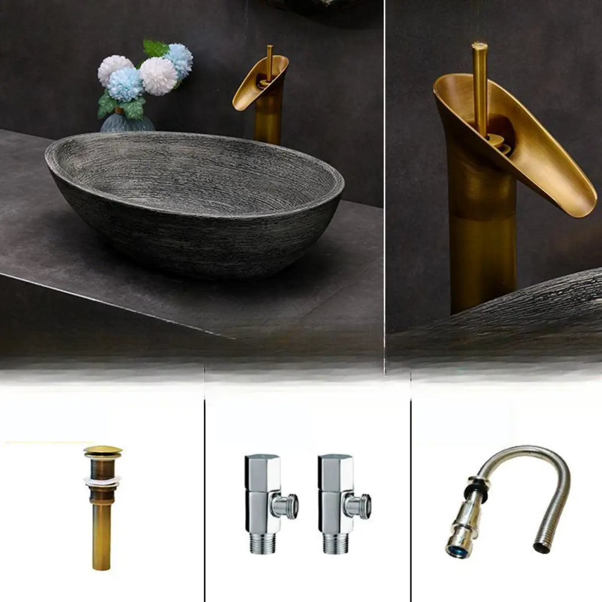 Grey Oval Ceramic Vessel Sinks with Center Trapway Image - 2