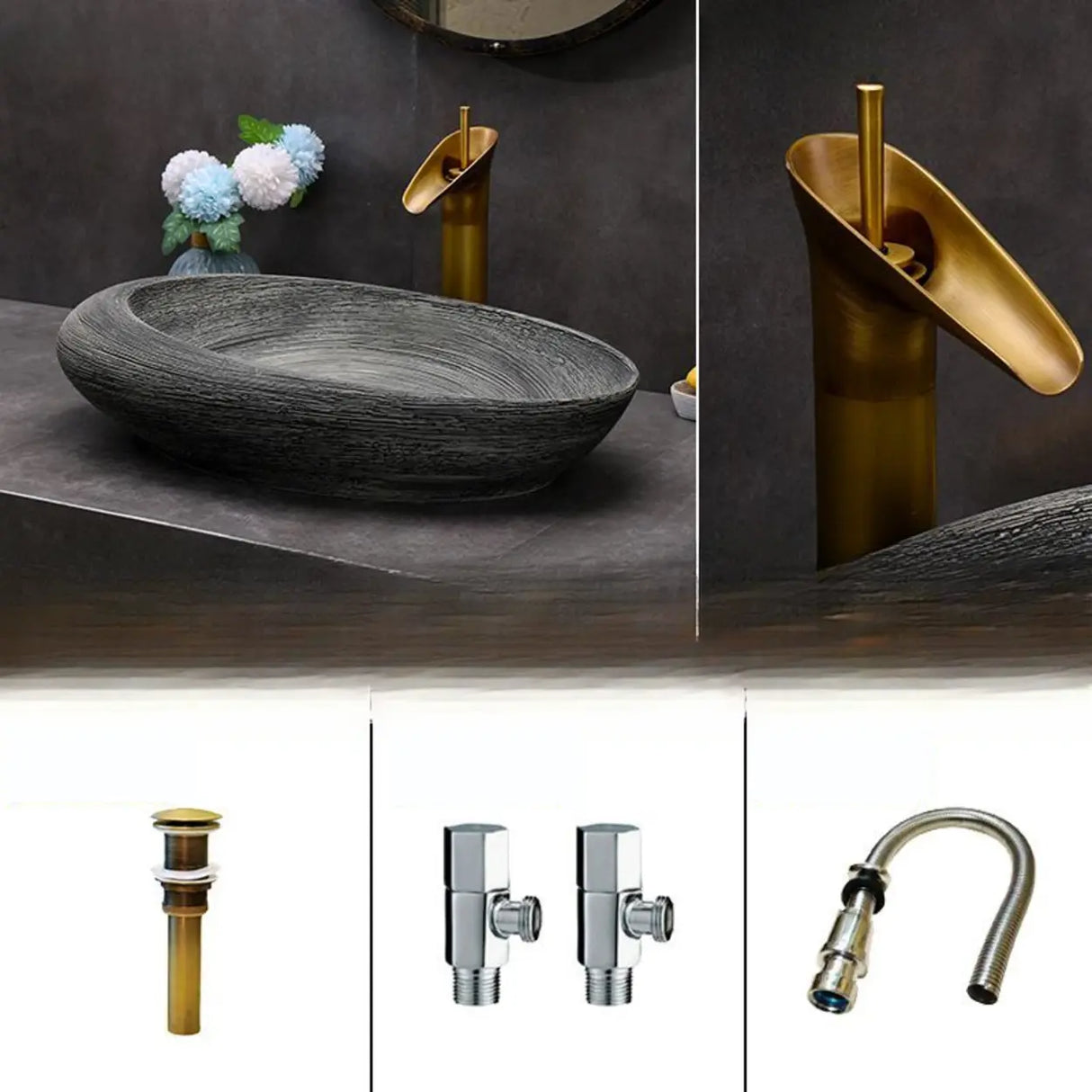 Grey Oval Ceramic Vessel Sinks with Center Trapway Image - 3