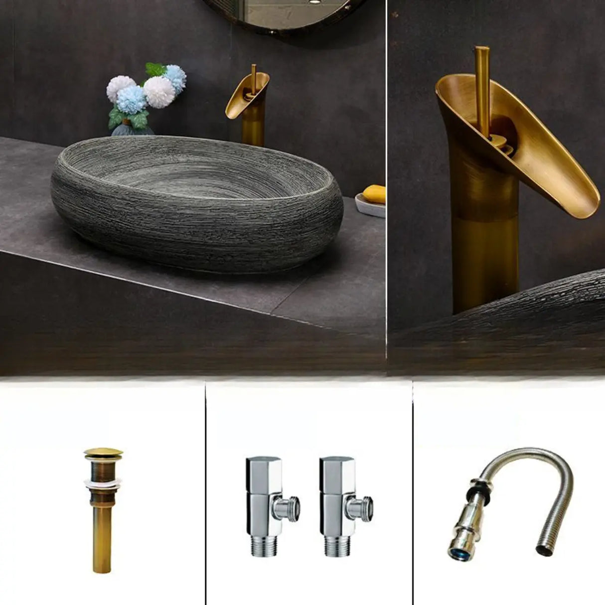 Grey Oval Ceramic Vessel Sinks with Center Trapway Image - 6