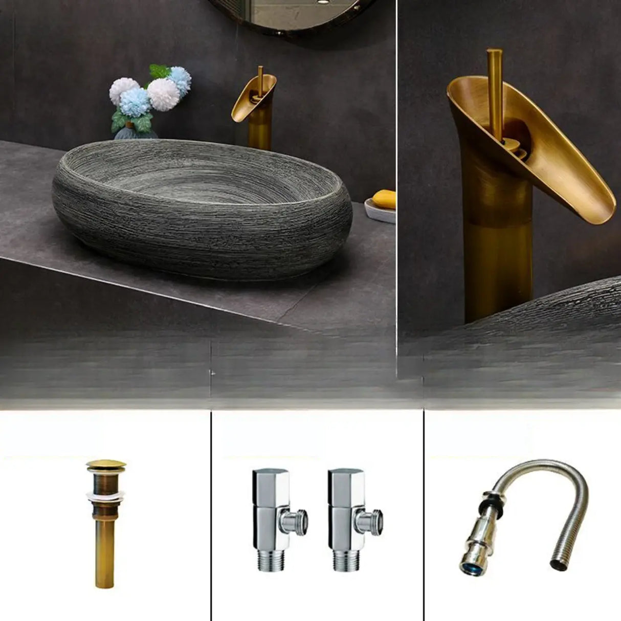 Grey Oval Ceramic Vessel Sinks with Center Trapway Image - 8