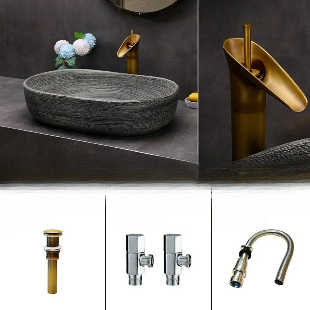 Grey Oval Ceramic Vessel Sinks with Center Trapway Image - 9