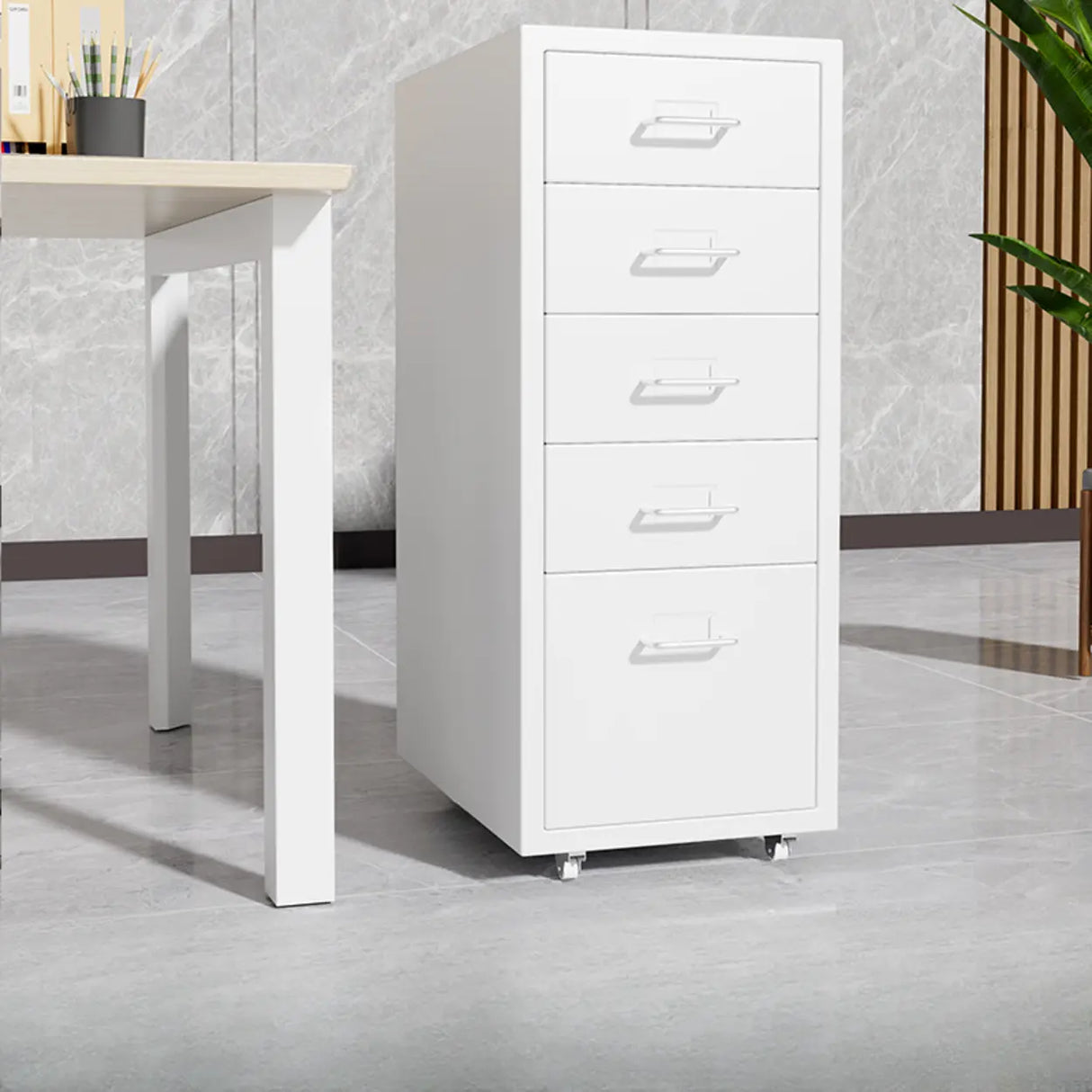 Grey Rectangular Steel 5-Drawer Mobile Filing Cabinet Image - 10