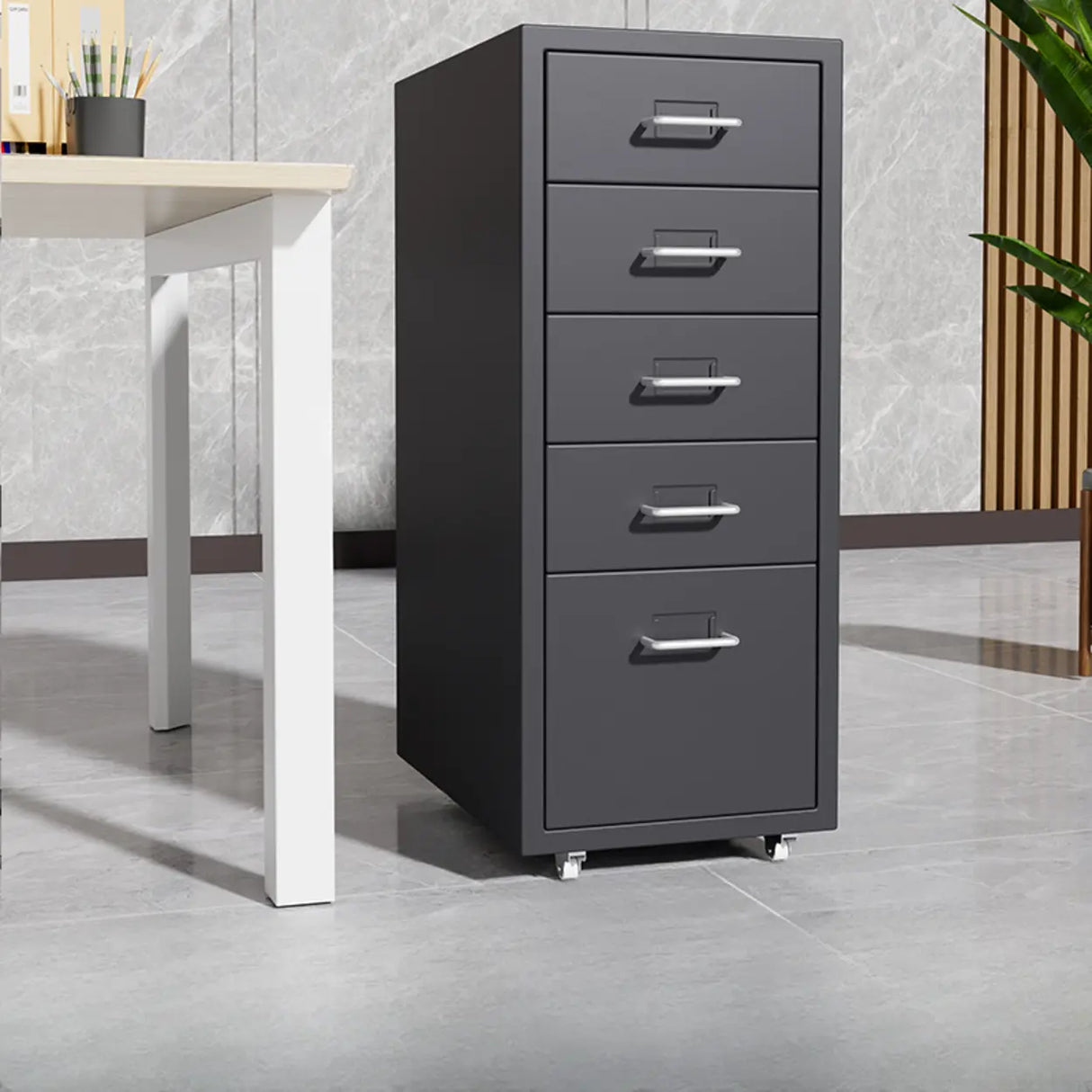 Grey Rectangular Steel 5-Drawer Mobile Filing Cabinet Image - 9