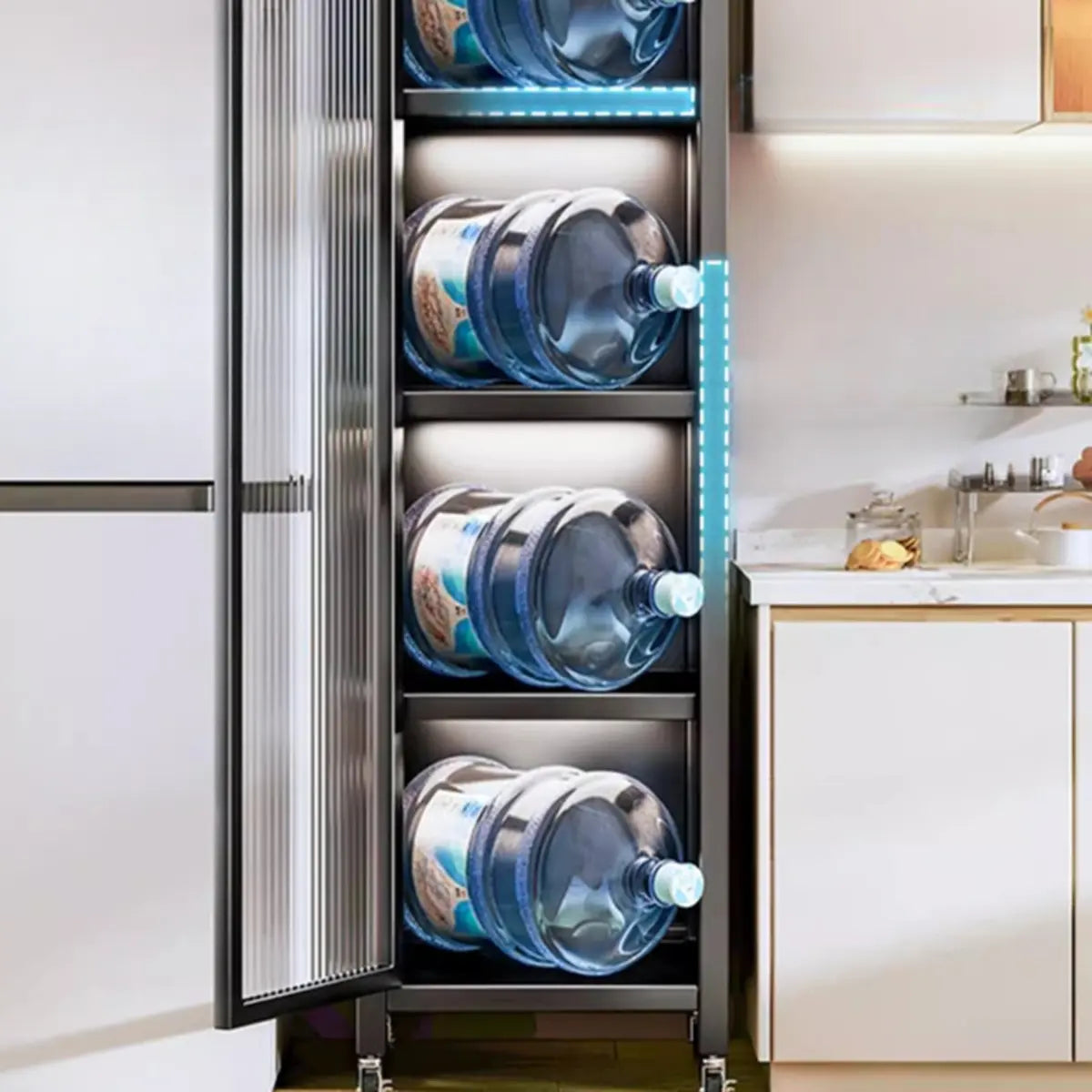 Grey Ribbed Glass Door Adjustable Metal China Cabinet Image - 10