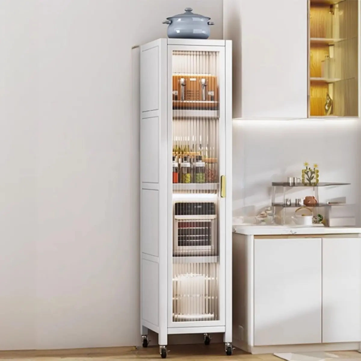 Grey Ribbed Glass Door Adjustable Metal China Cabinet Image - 12