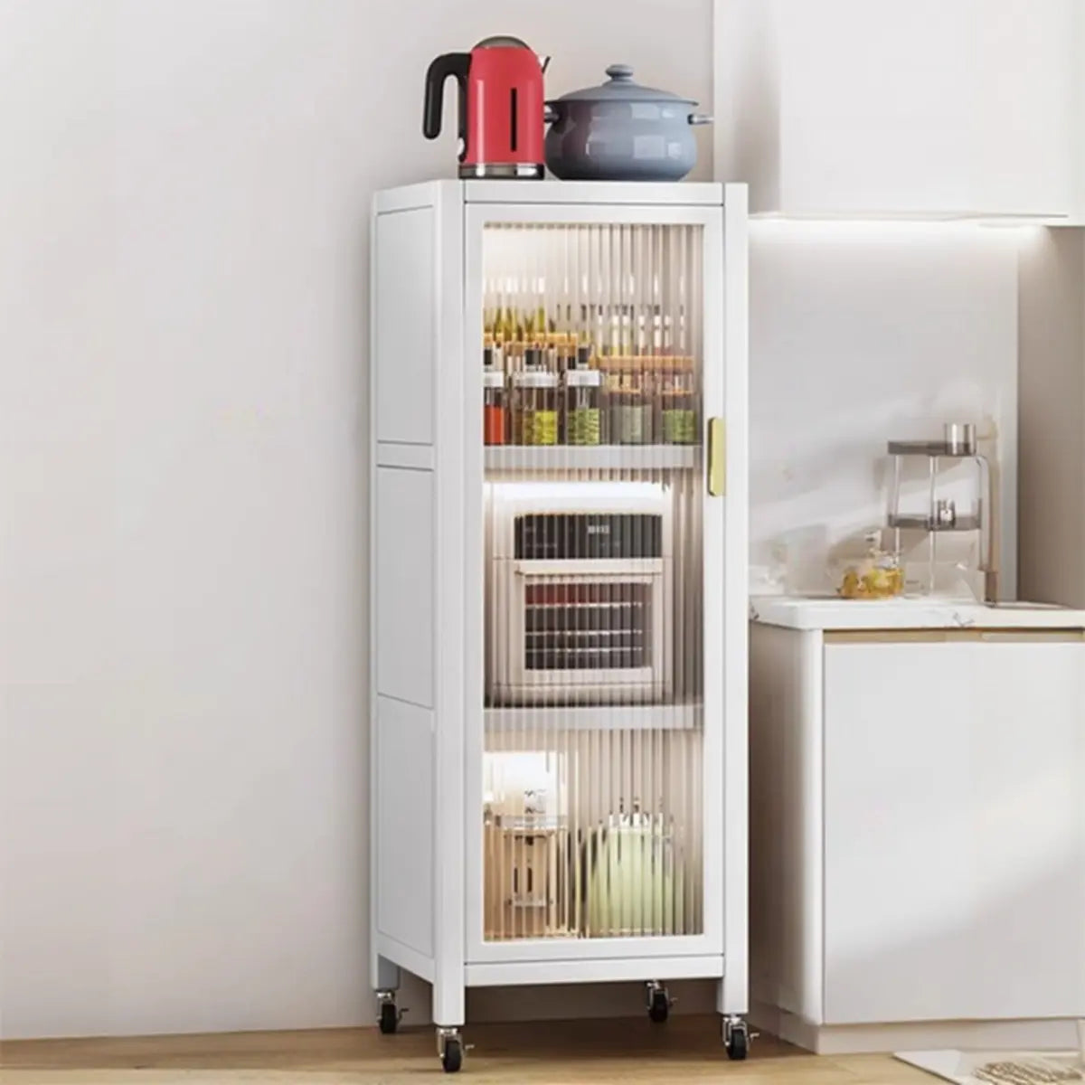 Grey Ribbed Glass Door Adjustable Metal China Cabinet Image - 16