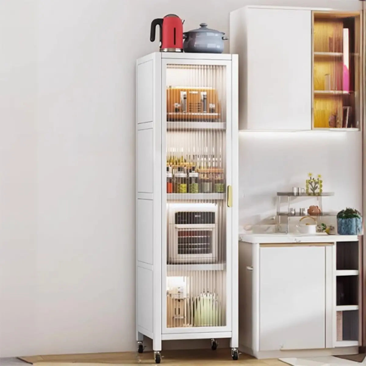 Grey Ribbed Glass Door Adjustable Metal China Cabinet Image - 17