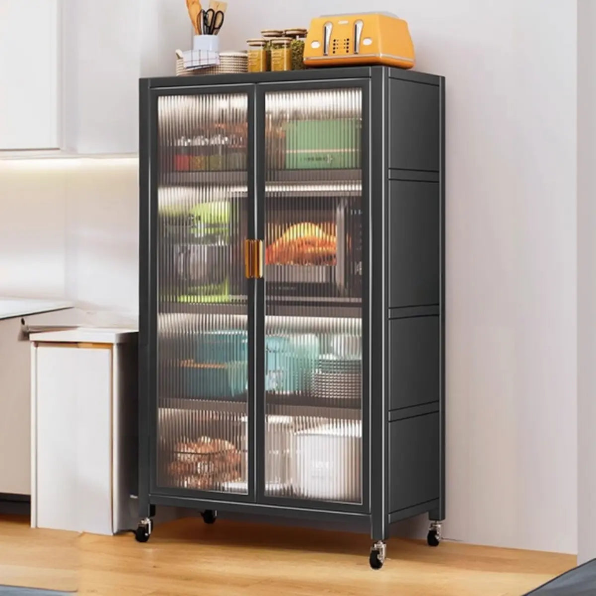 Grey Ribbed Glass Door Adjustable Metal China Cabinet Image - 21