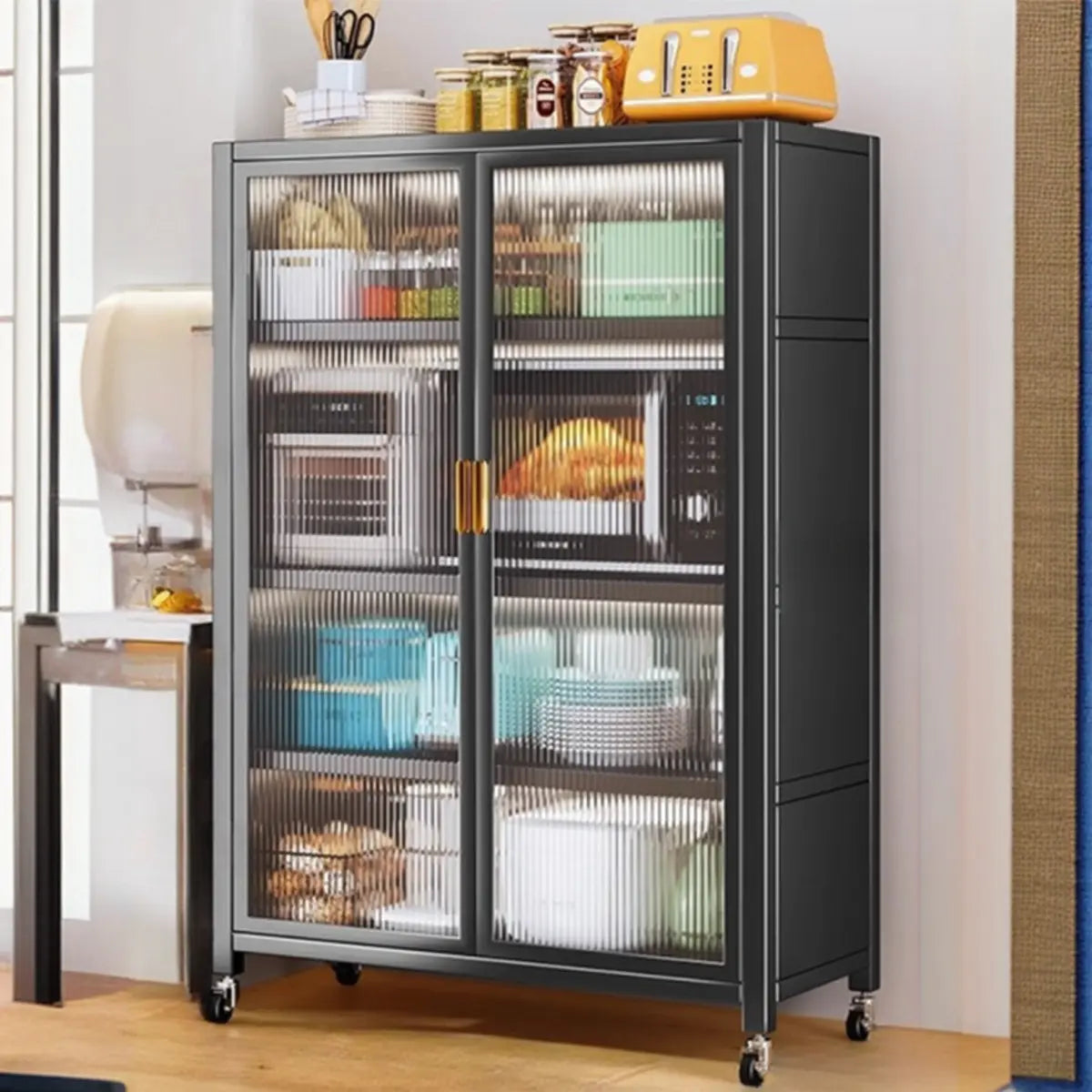 Grey Ribbed Glass Door Adjustable Metal China Cabinet Image - 24