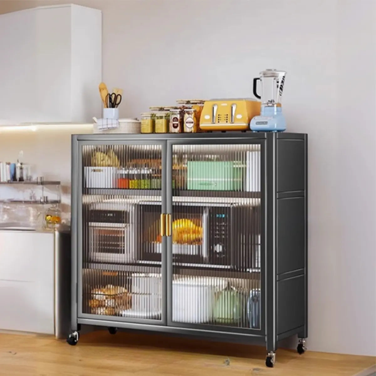 Grey Ribbed Glass Door Adjustable Metal China Cabinet Image - 26