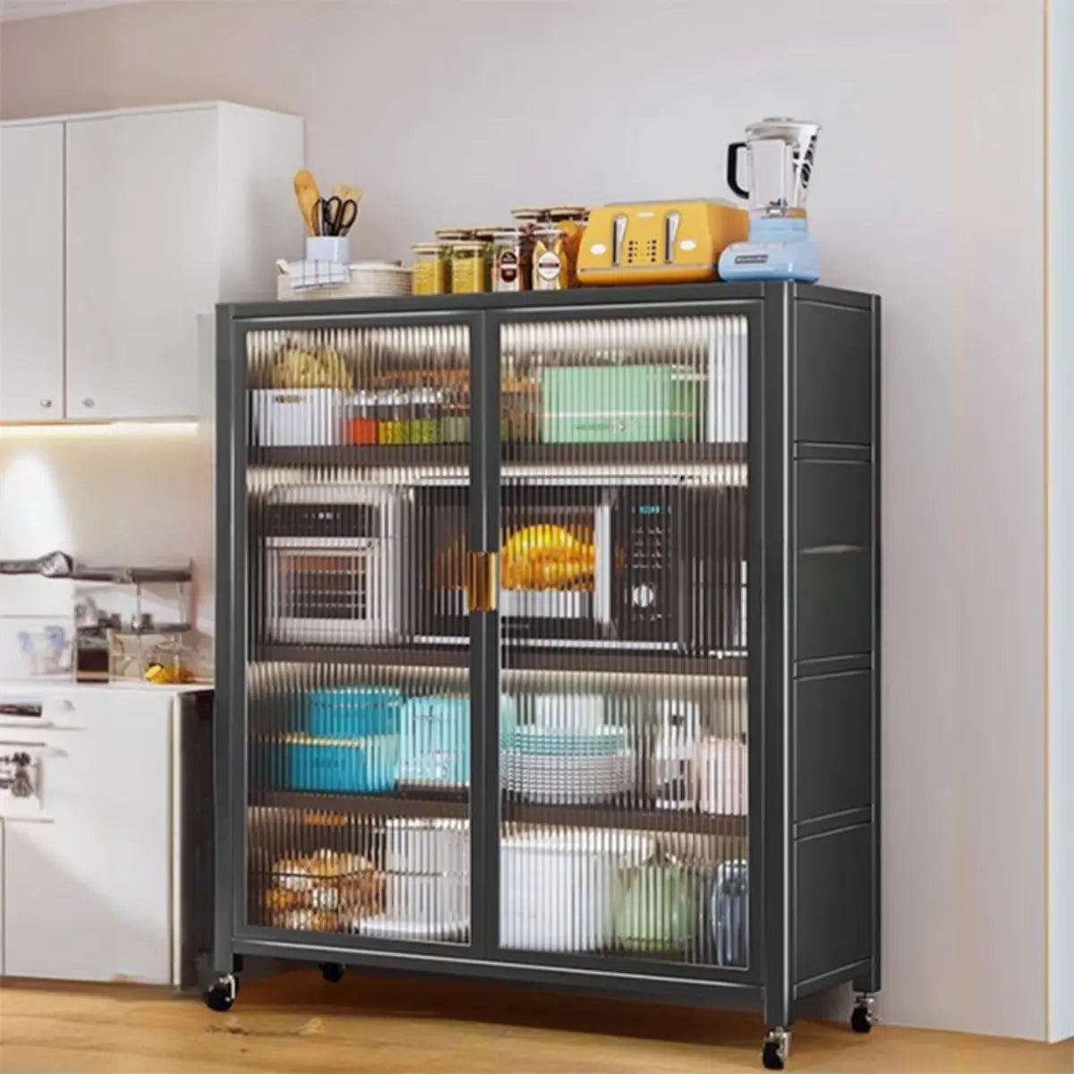 Grey Ribbed Glass Door Adjustable Metal China Cabinet Image - 27