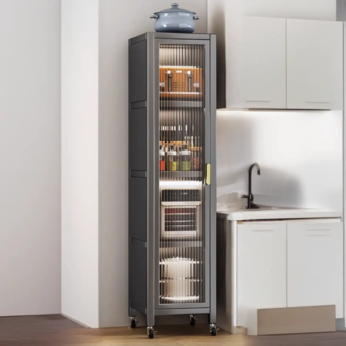 Grey Ribbed Glass Door Adjustable Metal China Cabinet Image - 3