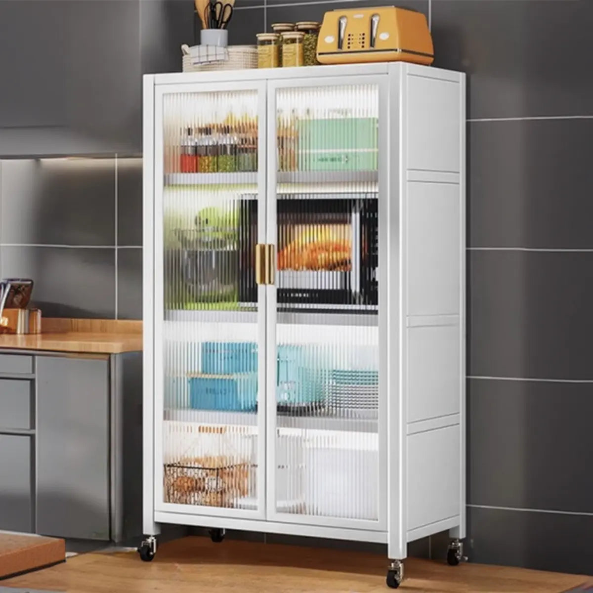 Grey Ribbed Glass Door Adjustable Metal China Cabinet Image - 30