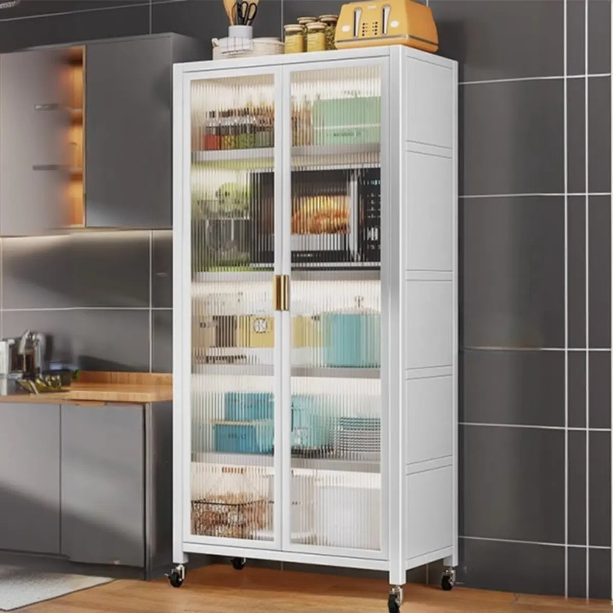 Grey Ribbed Glass Door Adjustable Metal China Cabinet Image - 31