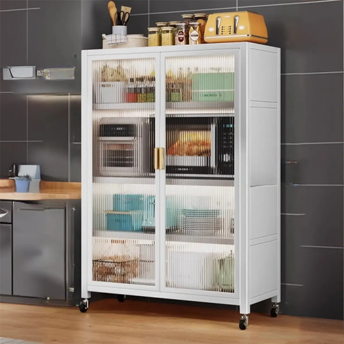 Grey Ribbed Glass Door Adjustable Metal China Cabinet Image - 33