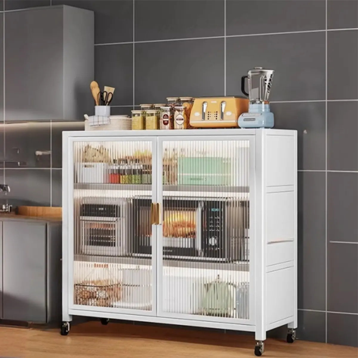 Grey Ribbed Glass Door Adjustable Metal China Cabinet Image - 35