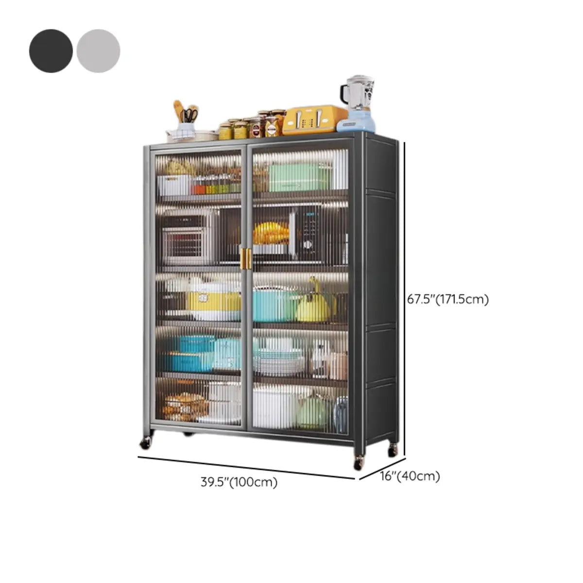 Grey Ribbed Glass Door Adjustable Metal China Cabinet Image - 50
