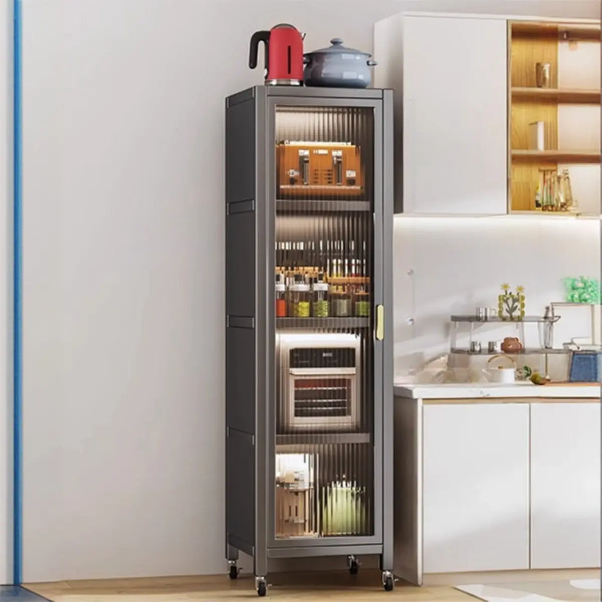 Grey Ribbed Glass Door Adjustable Metal China Cabinet Image - 7