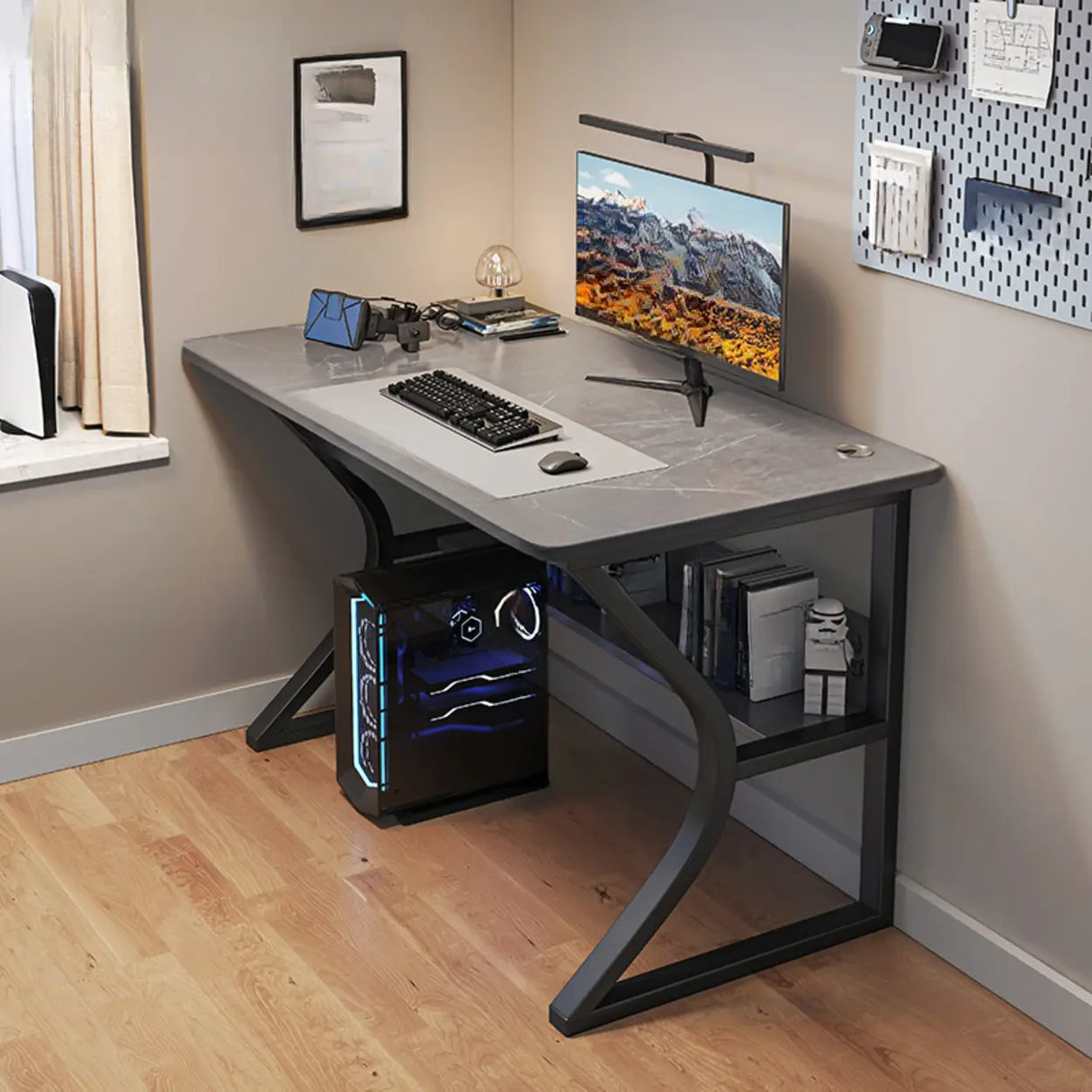 Grey Stone Exterior Shelf Butcher Block Computer Desk Image - 13