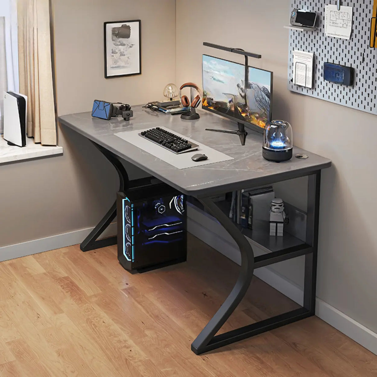 Grey Stone Exterior Shelf Butcher Block Computer Desk Image - 14