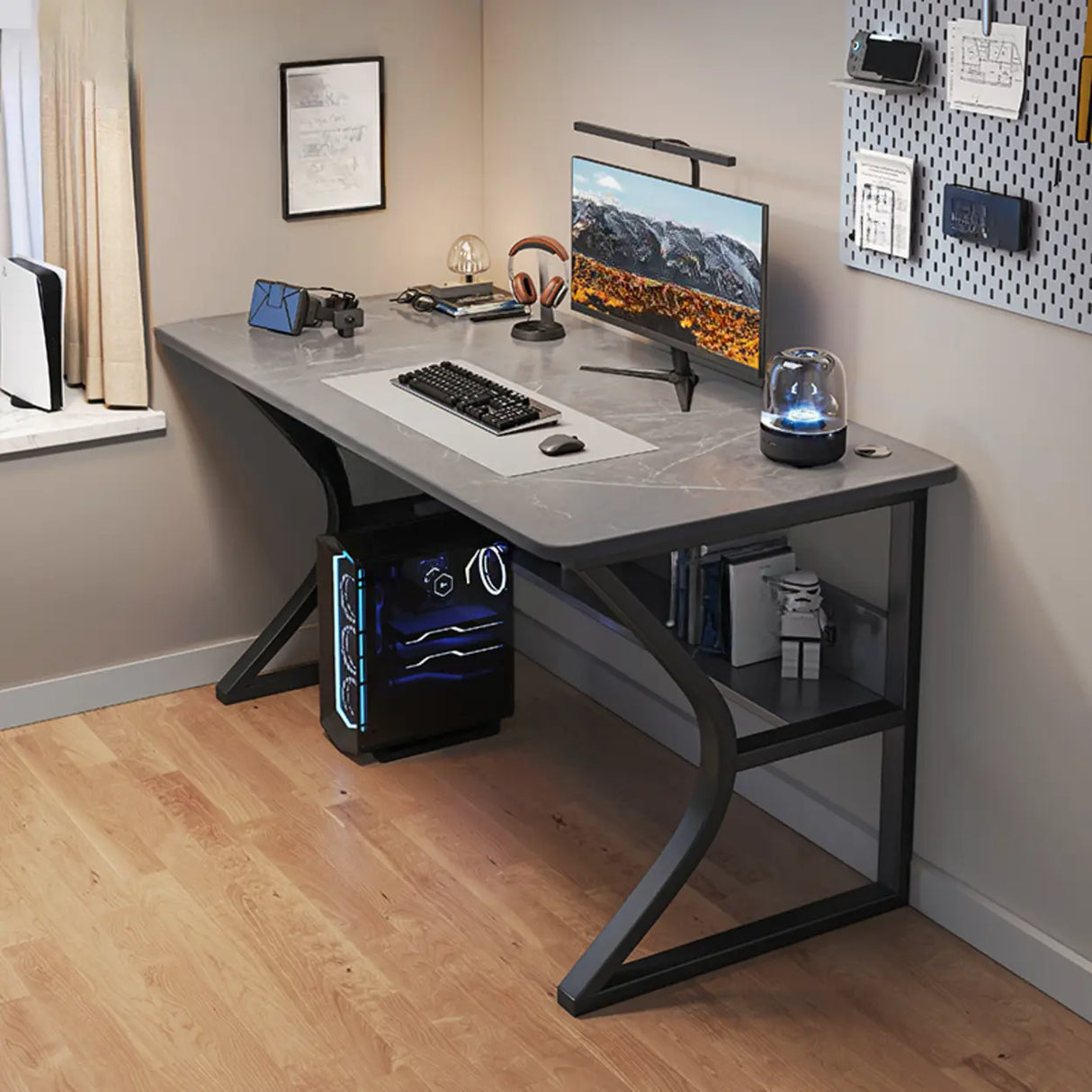 Grey Stone Exterior Shelf Butcher Block Computer Desk Image - 16