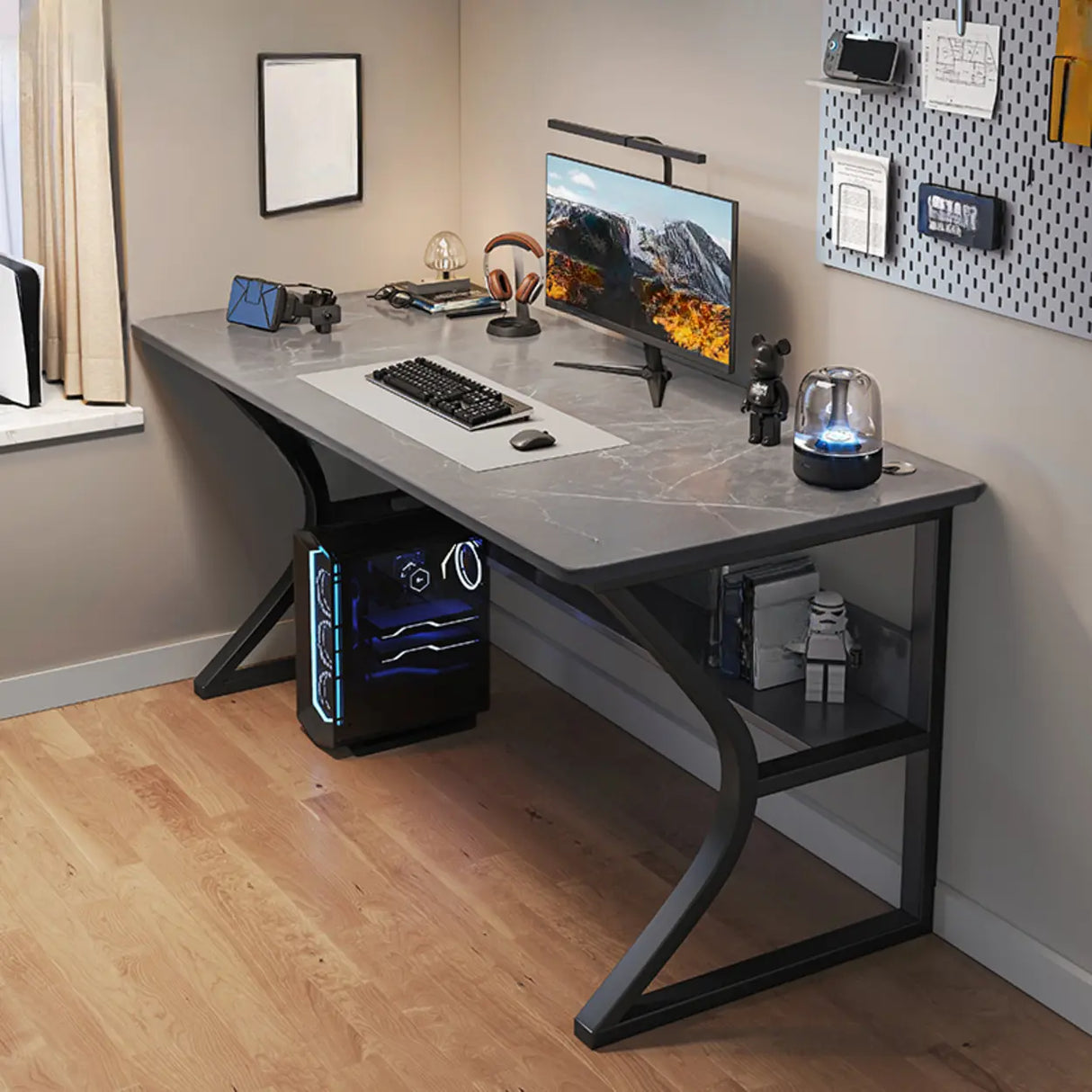 Grey Stone Exterior Shelf Butcher Block Computer Desk Image - 17