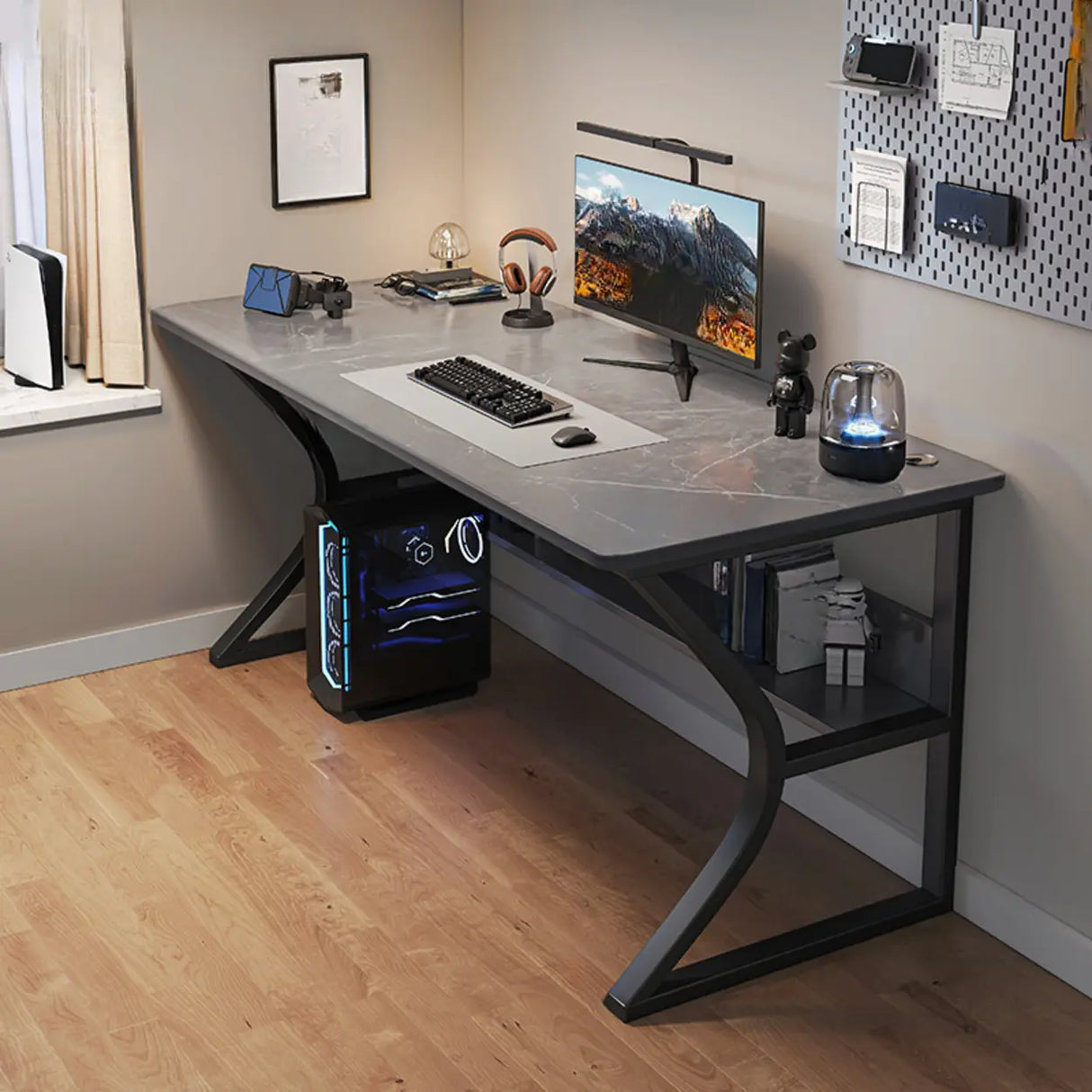 Grey Stone Exterior Shelf Butcher Block Computer Desk Image - 18