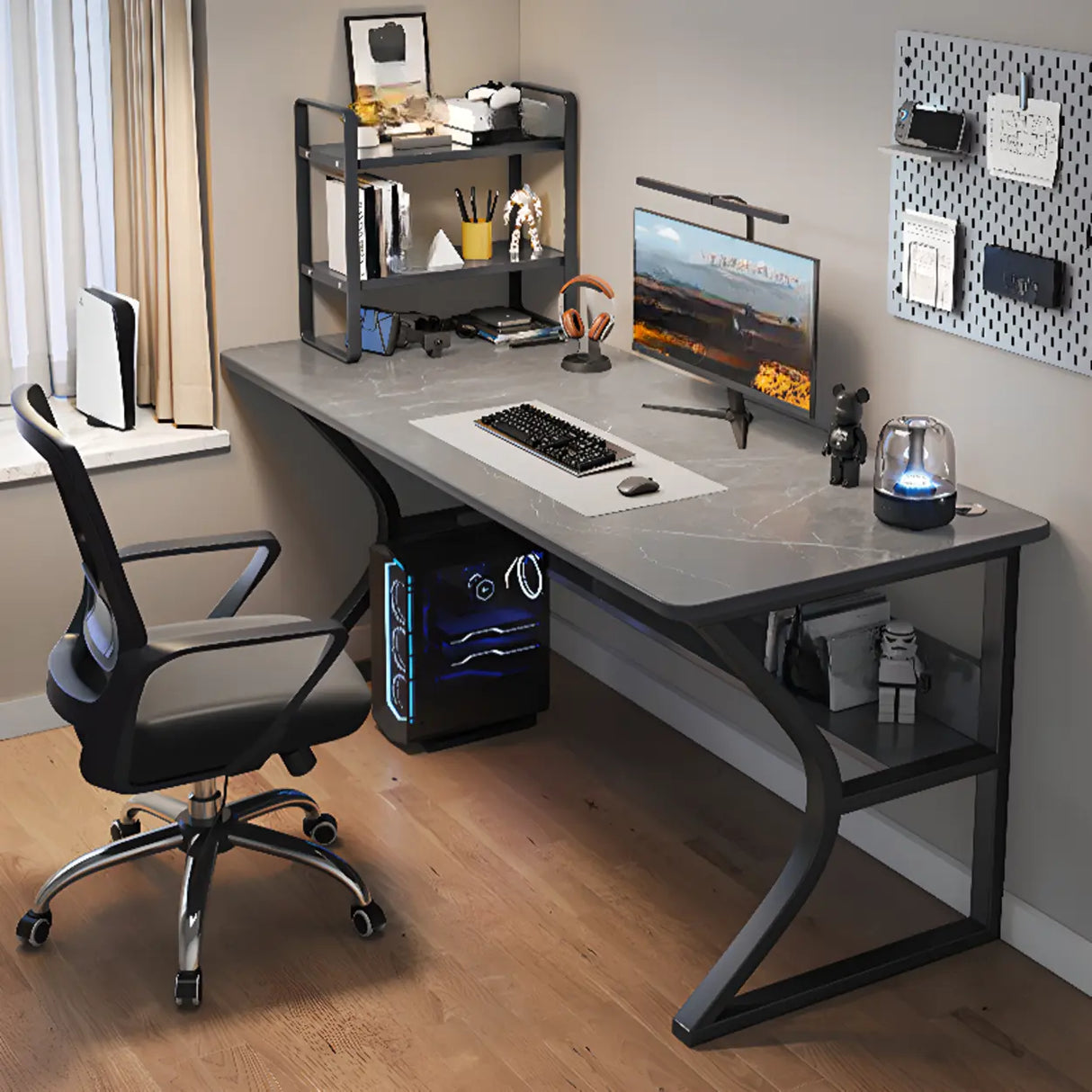 Grey Stone Exterior Shelf Butcher Block Computer Desk Image - 1