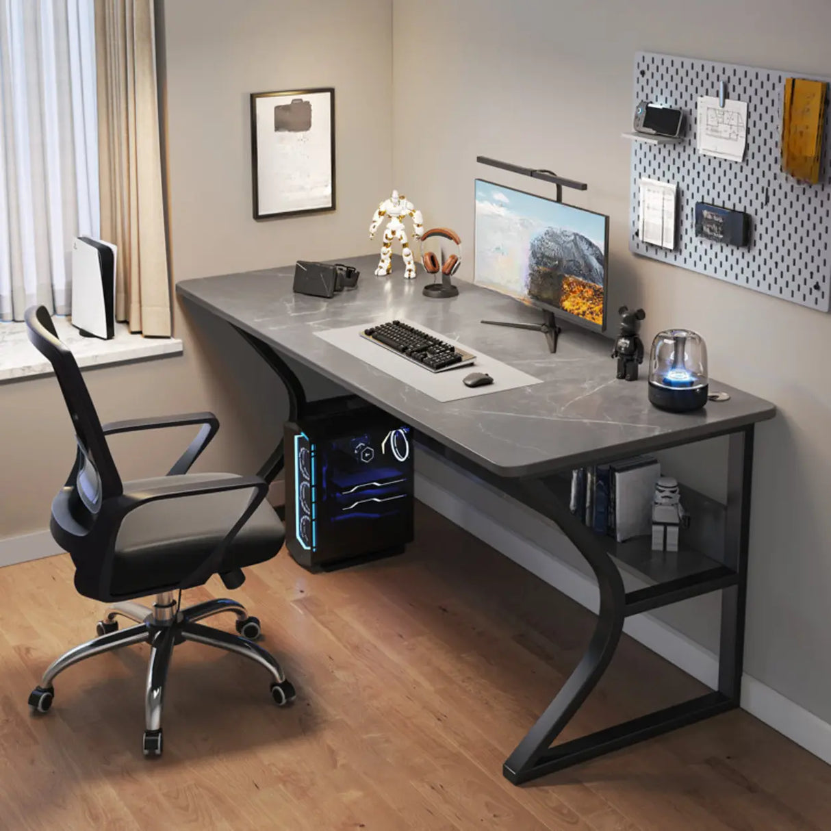 Grey Stone Exterior Shelf Butcher Block Computer Desk Image - 2