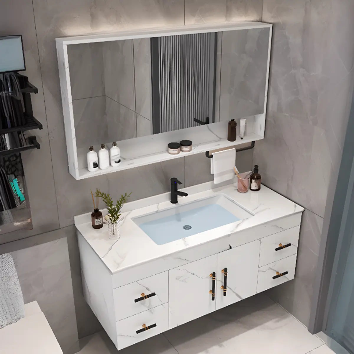 Grey Stone Single Sink Faucet Bathroom Vanity with Storage Image - 12