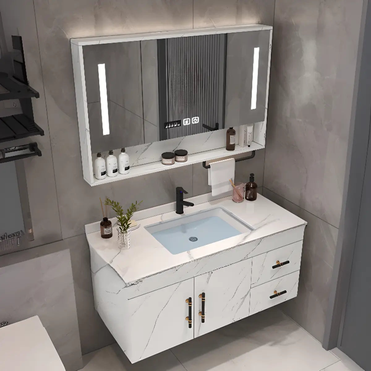 Grey Stone Single Sink Faucet Bathroom Vanity with Storage Image - 19