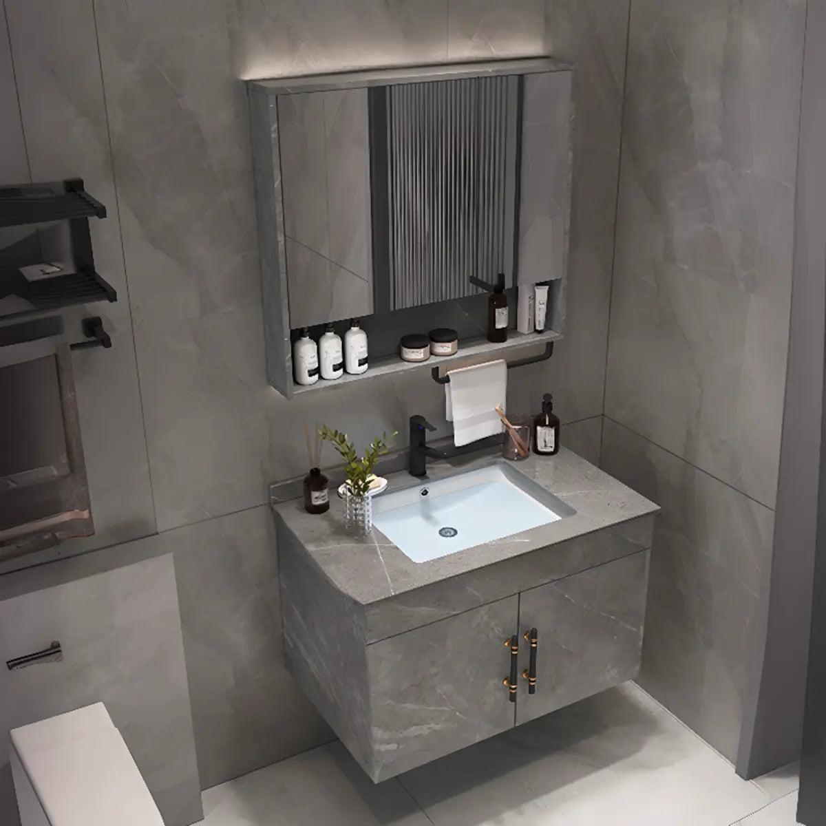 Grey Stone Single Sink Faucet Bathroom Vanity with Storage Image - 2