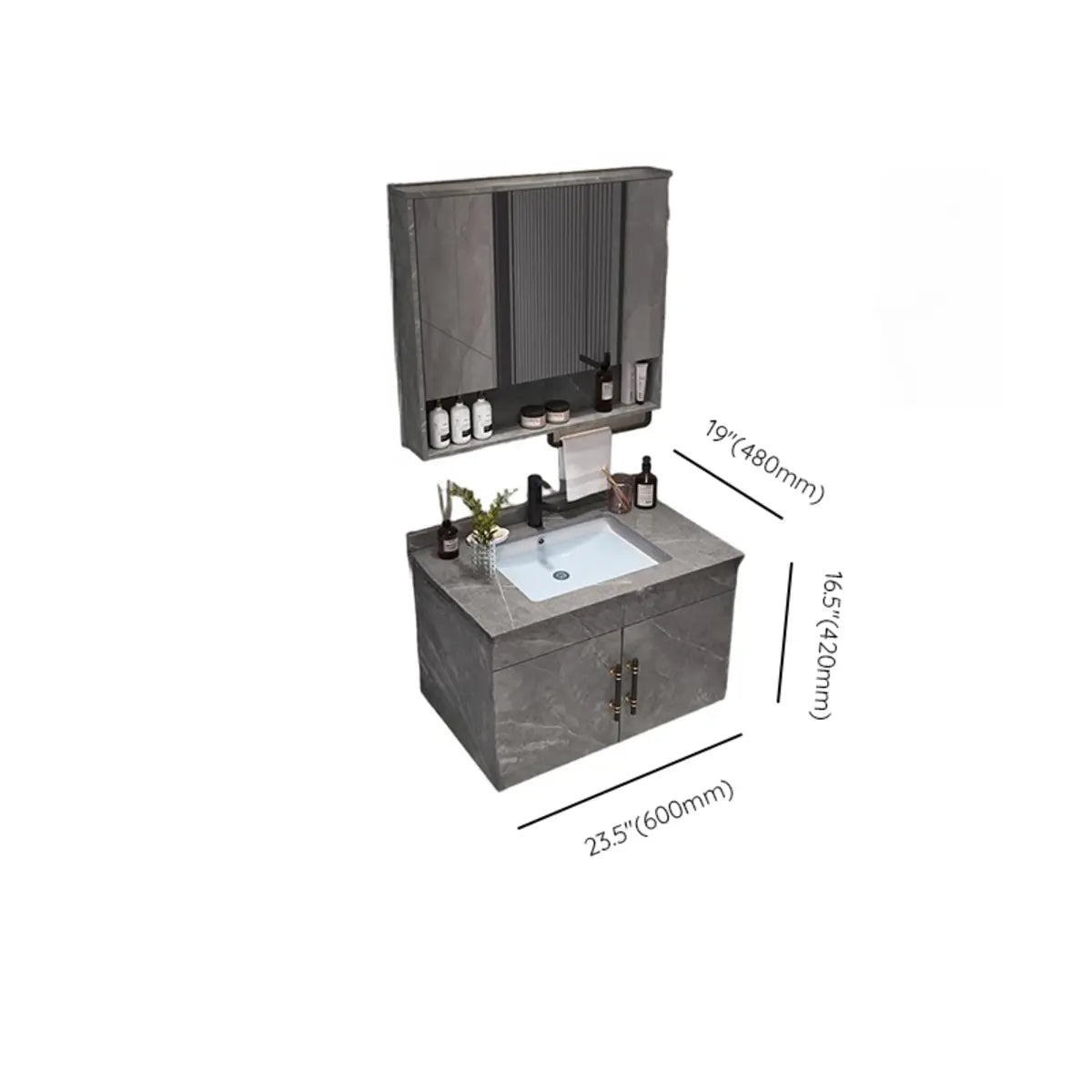 Grey Stone Single Sink Faucet Bathroom Vanity with Storage Image - 25