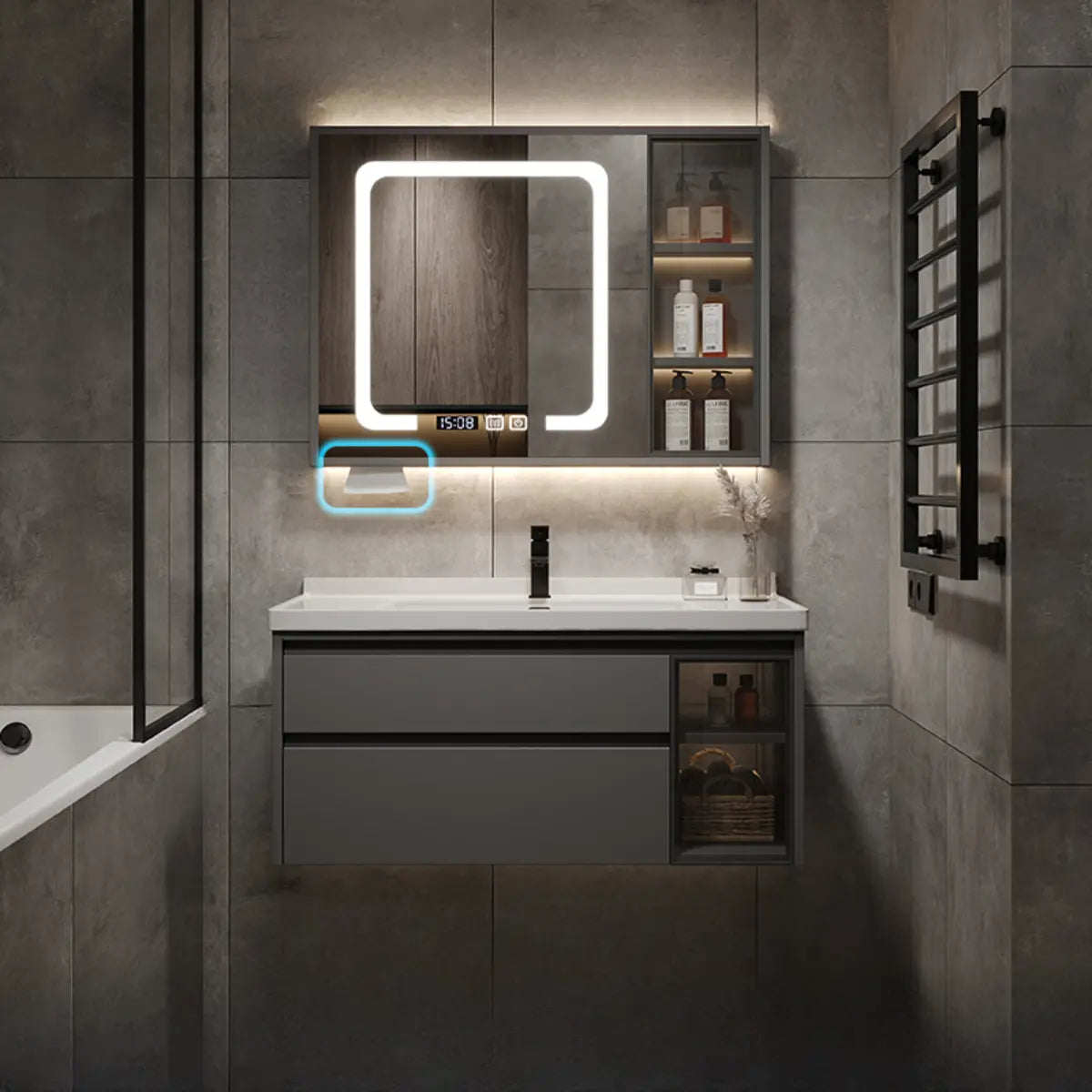 Grey Stone Wall Mounted Sink Banthroom Vanity with Storage Image - 3