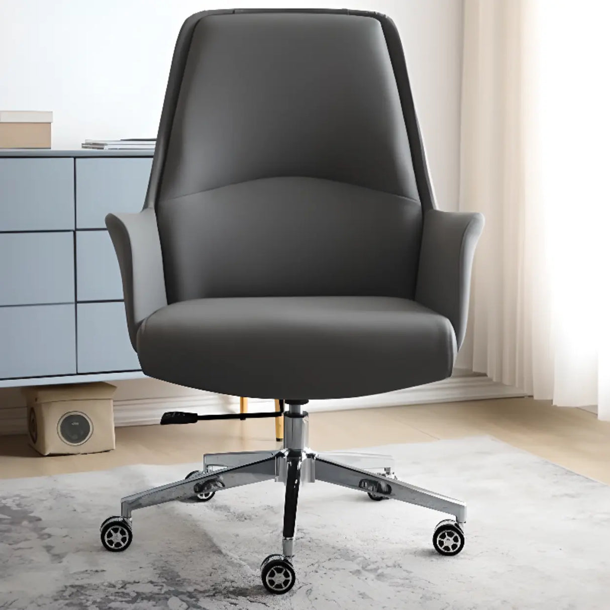 Grey Swivel Faux Leather Office Chair with Armrests Image - 8